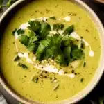Delicious Roasted Poblano Soup garnished with cilantro.