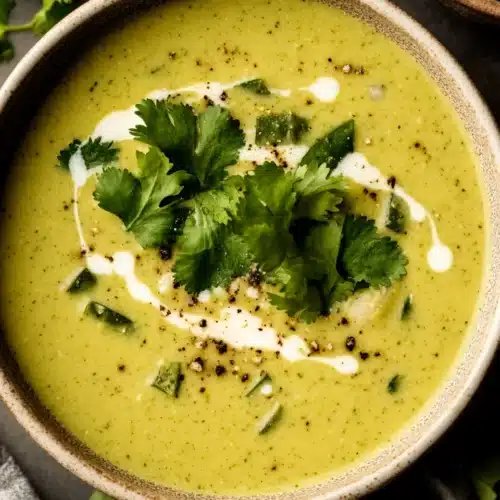 Delicious Roasted Poblano Soup garnished with cilantro.