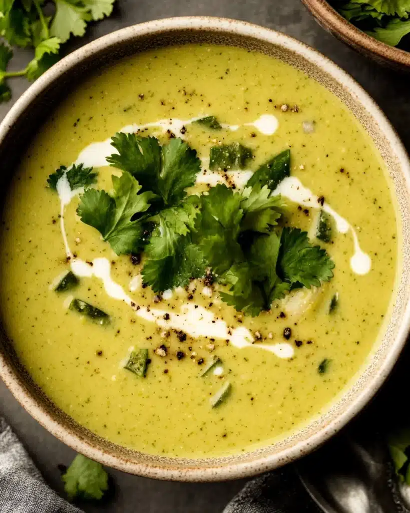 Delicious Roasted Poblano Soup garnished with cilantro.