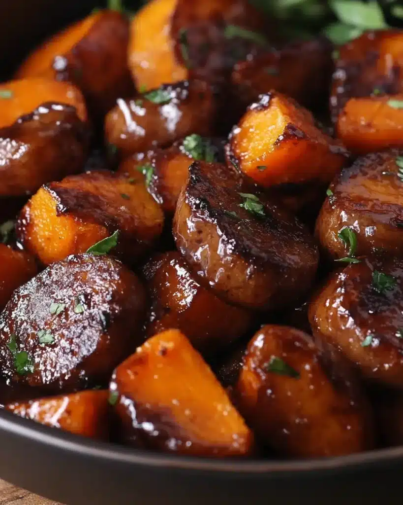 Sausage and sweet potatoes with honey garlic sauce, garnished with parsley.