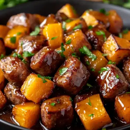 Delicious sausage and sweet potatoes with honey garlic sauce dish.