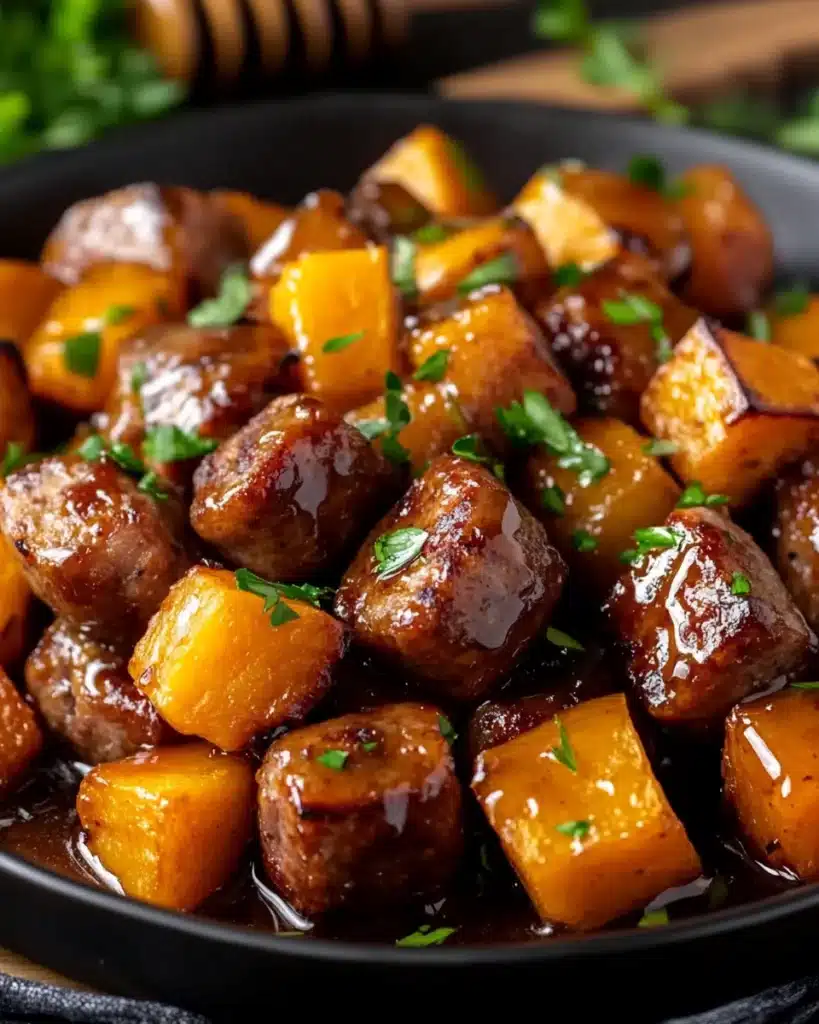 Delicious sausage and sweet potatoes with honey garlic sauce dish.