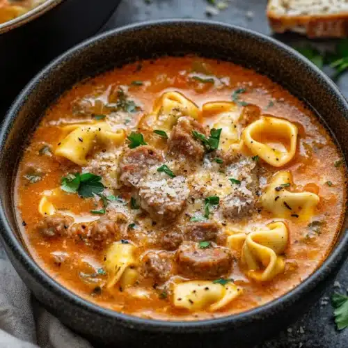Delicious sausage and tortellini soup with rich flavors and creamy texture.