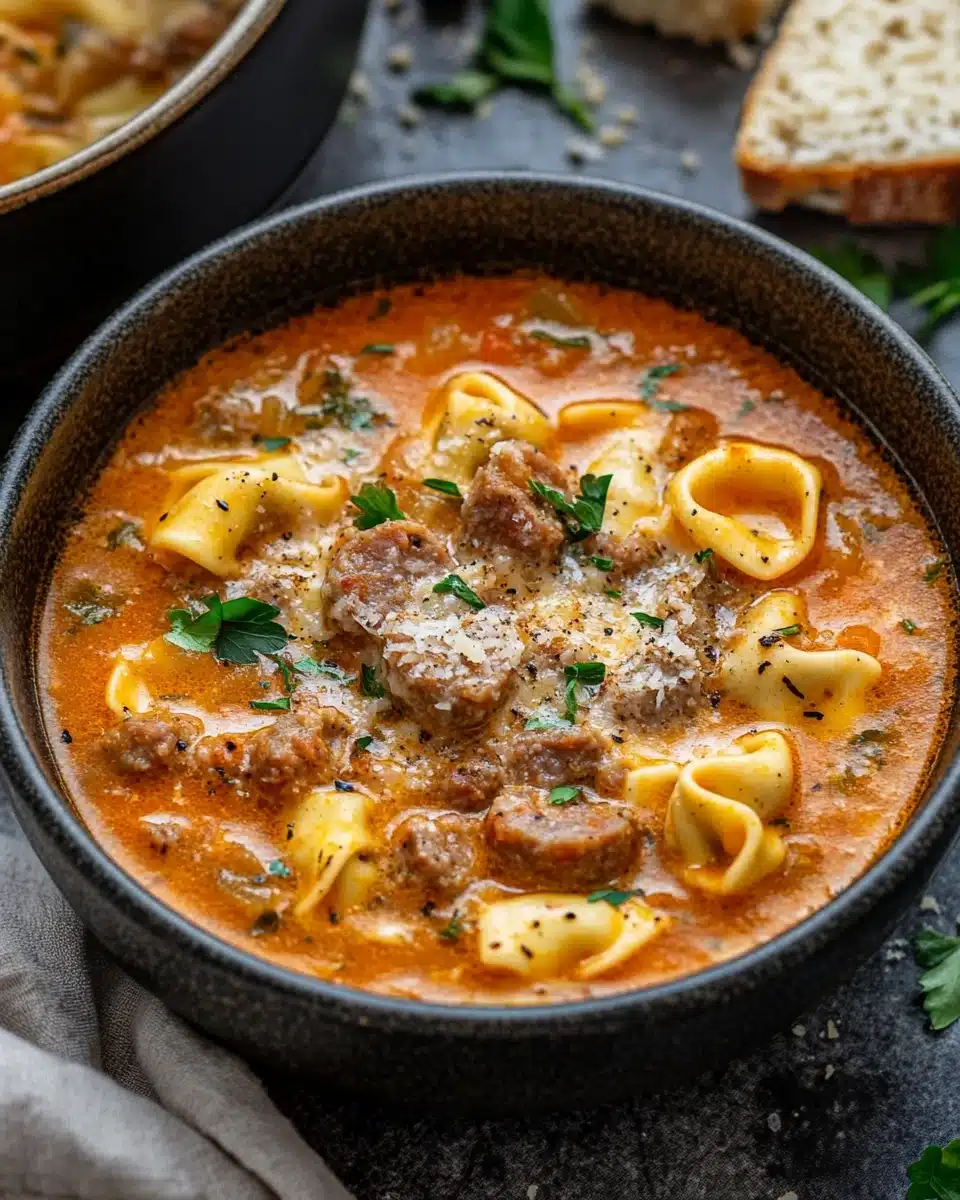Delicious sausage and tortellini soup with rich flavors and creamy texture.