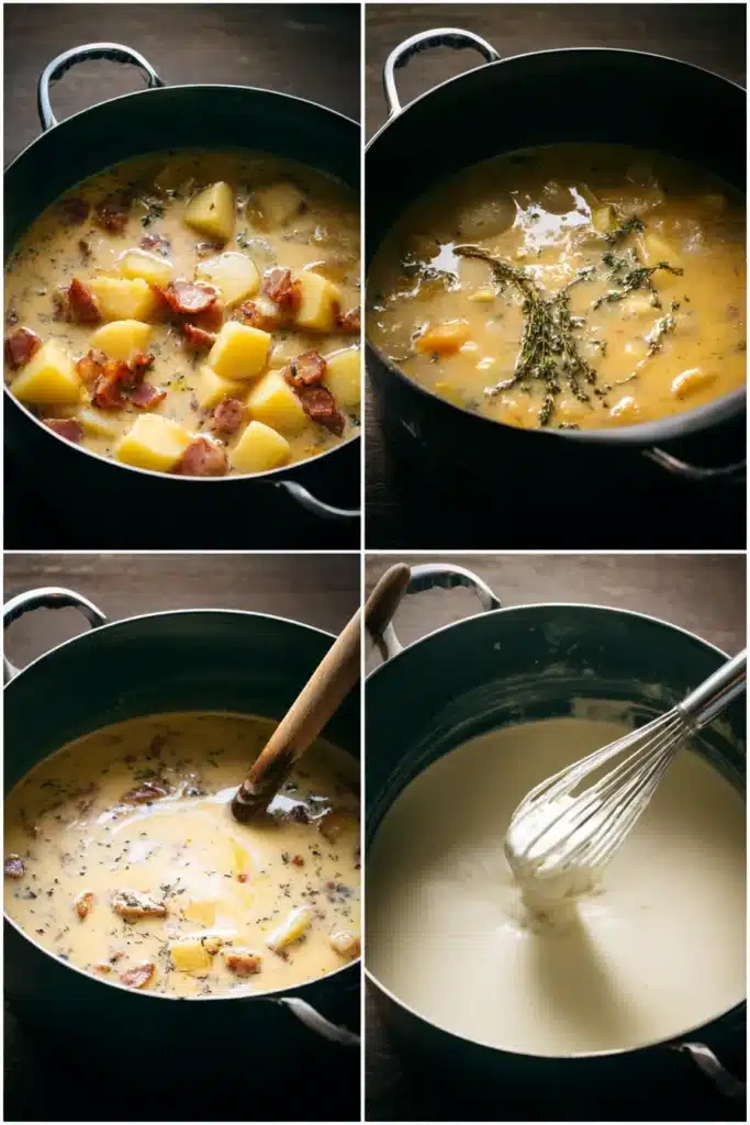 adding potatoes broth and cream to sausage potato soup in a black pot