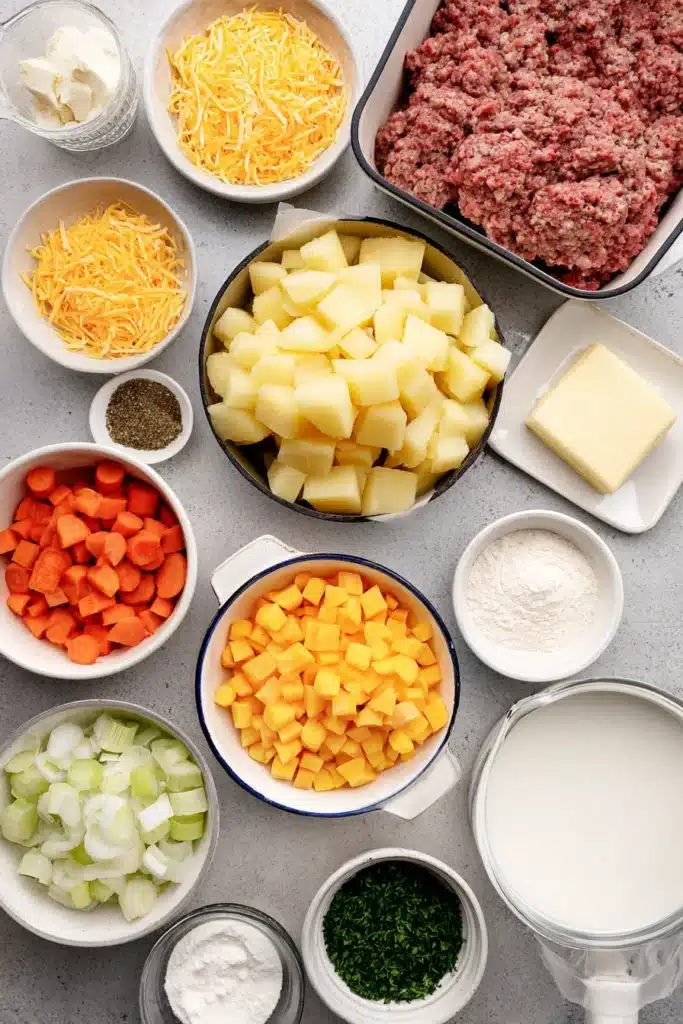 ingredients for sausage potato soup with ground sausage and diced vegetables
