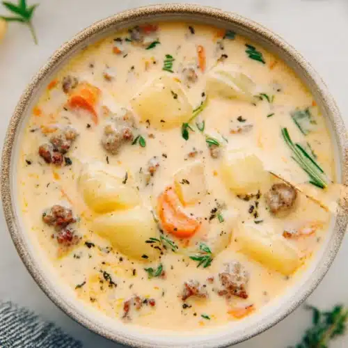 creamy sausage potato soup with carrots and herbs in a bowl