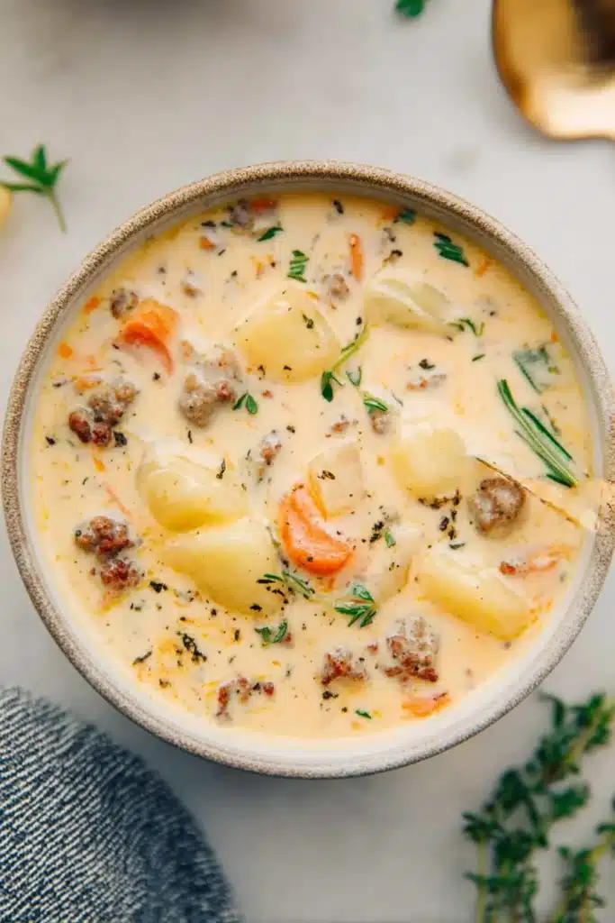 creamy sausage potato soup with carrots and herbs in a bowl
