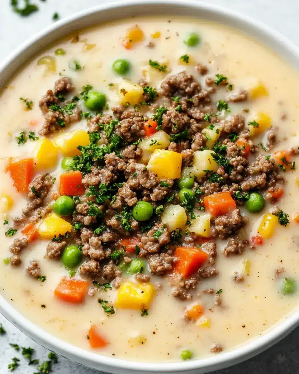 Hearty Shepherd's Pie Soup with Beef and Veggies Delicious shepherd's pie soup with beef and colorful veggies.
