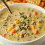Delicious shepherd's pie soup with ground beef and mixed vegetables.