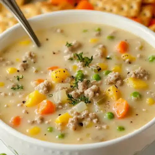 Delicious shepherd's pie soup with ground beef and mixed vegetables.