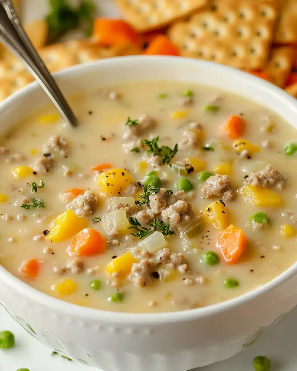 Delicious shepherd's pie soup with ground beef and mixed vegetables.