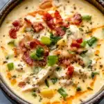 Tasty slow cooker crack chicken soup topped with bacon and scallions.