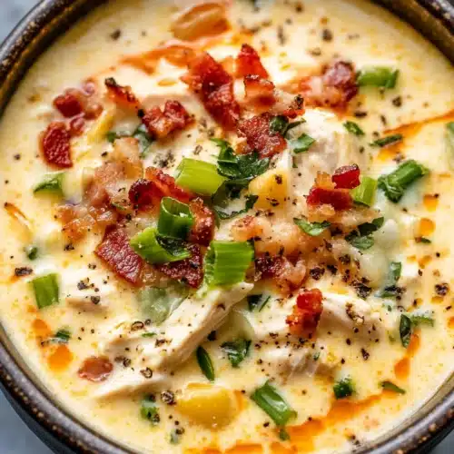 Tasty slow cooker crack chicken soup topped with bacon and scallions.