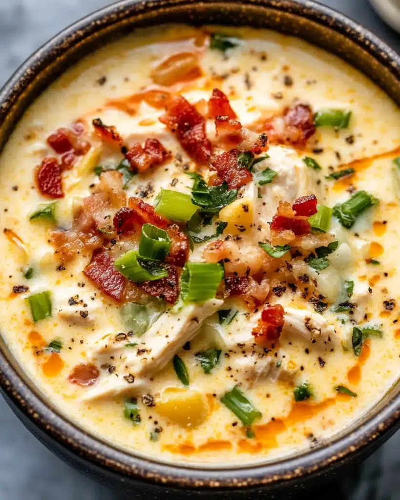 Tasty slow cooker crack chicken soup topped with bacon and scallions.