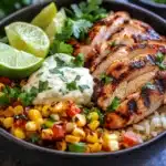 Delicious Street Corn Chicken Rice Bowl with grilled chicken and lime crema