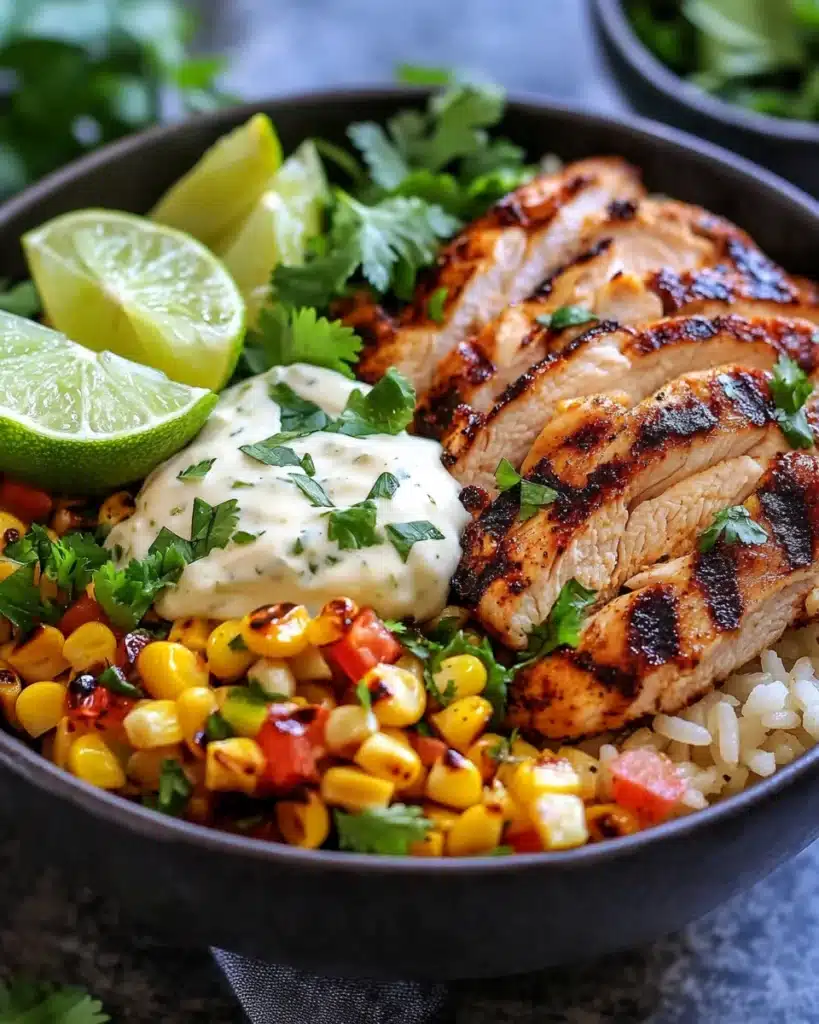 Delicious Street Corn Chicken Rice Bowl with grilled chicken and lime crema
