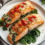 Delicious stuffed salmon recipe with spinach and feta filling.