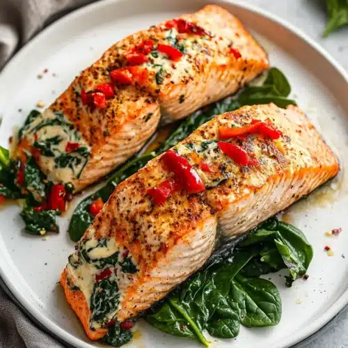 Delicious stuffed salmon recipe with spinach and feta filling.