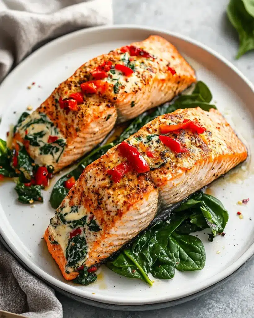 Delicious stuffed salmon recipe with spinach and feta filling.