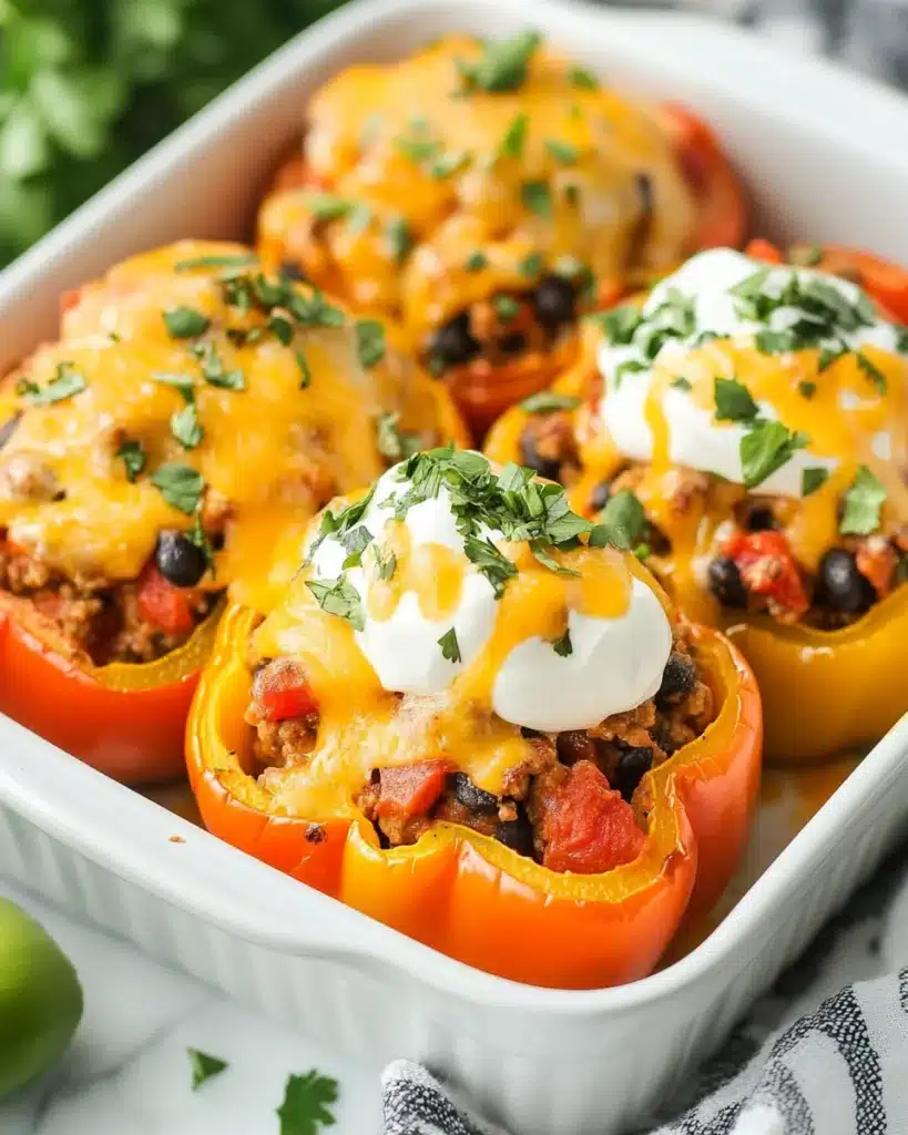 Taco stuffed peppers filled with beef and vegetables.