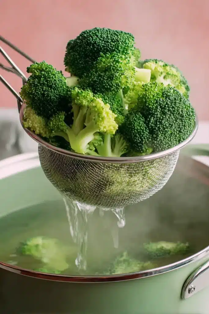 Broccoli being lifted from boiling water for Chinese beef and broccoli