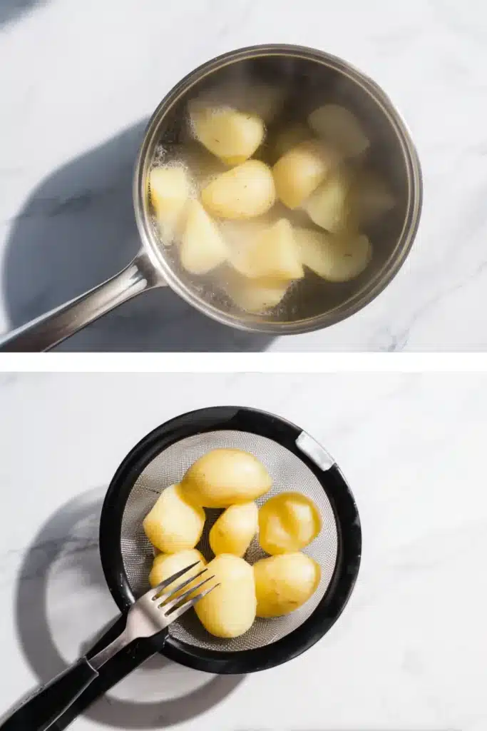 Two-step process of cooking potatoes: left shows peeled potatoes boiling in a pot, right shows cooked potatoes being drained in a strainer with a fork.