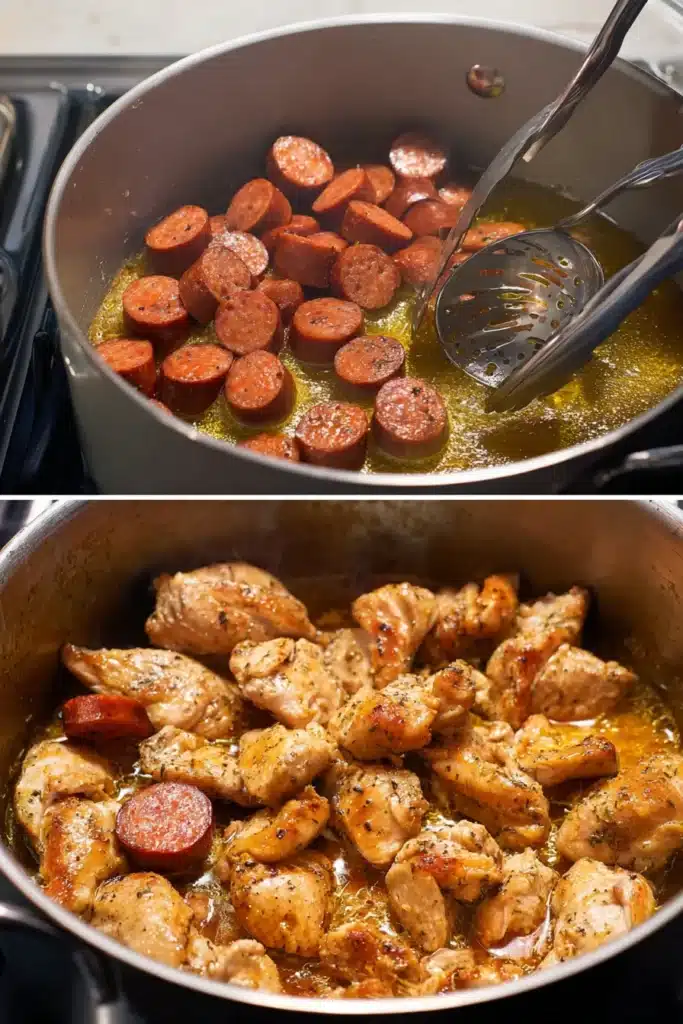Browning sausage and searing chicken for chicken and sausage gumbo