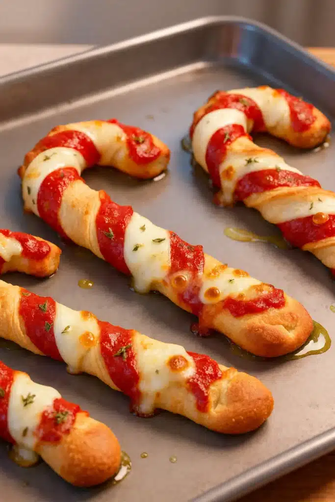 Candy Cane Pizza Breadsticks baked on a sheet pan with marinara and melted mozzarella