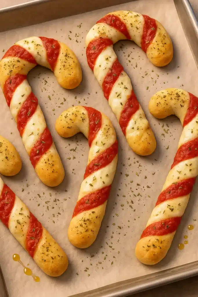 Candy Cane Pizza Breadsticks baked until golden with Italian seasoning and bubbling mozzarella