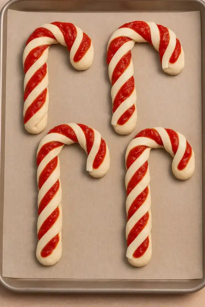 Candy Cane Pizza Breadsticks before baking with marinara swirls and mozzarella stripes on parchment paper