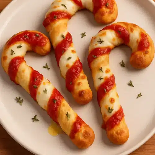 Candy Cane Pizza Breadsticks served on a plate with marinara and melted mozzarella
