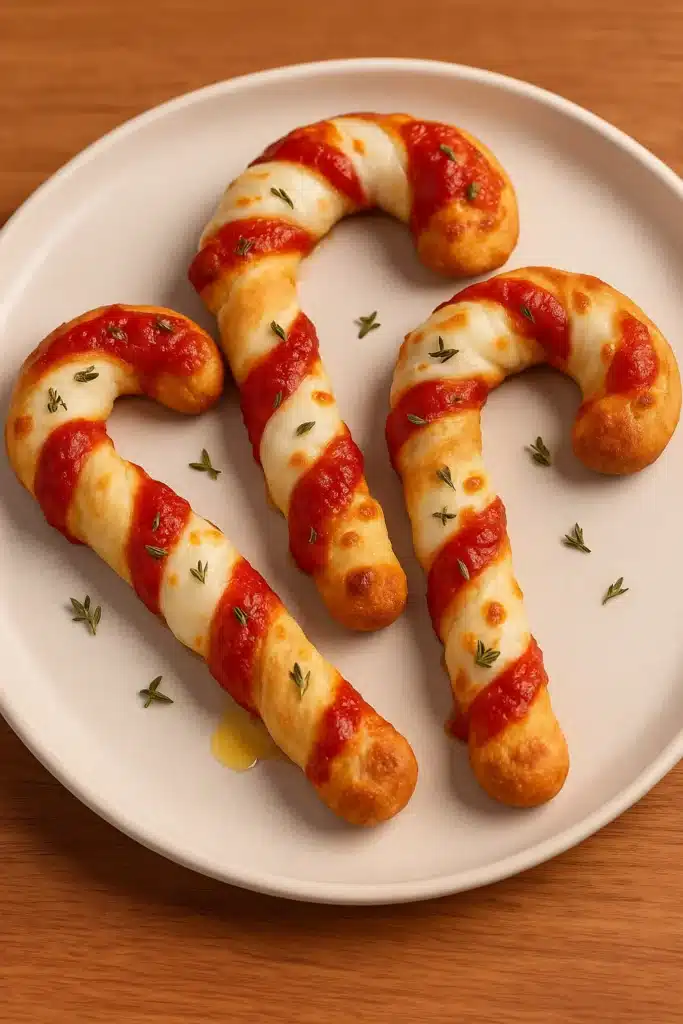 Candy Cane Pizza Breadsticks served on a plate with marinara and melted mozzarella