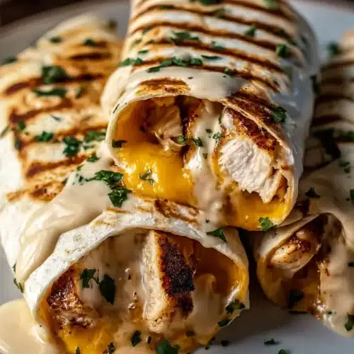cheesy garlic chicken wraps with creamy sauce and grilled tortillas