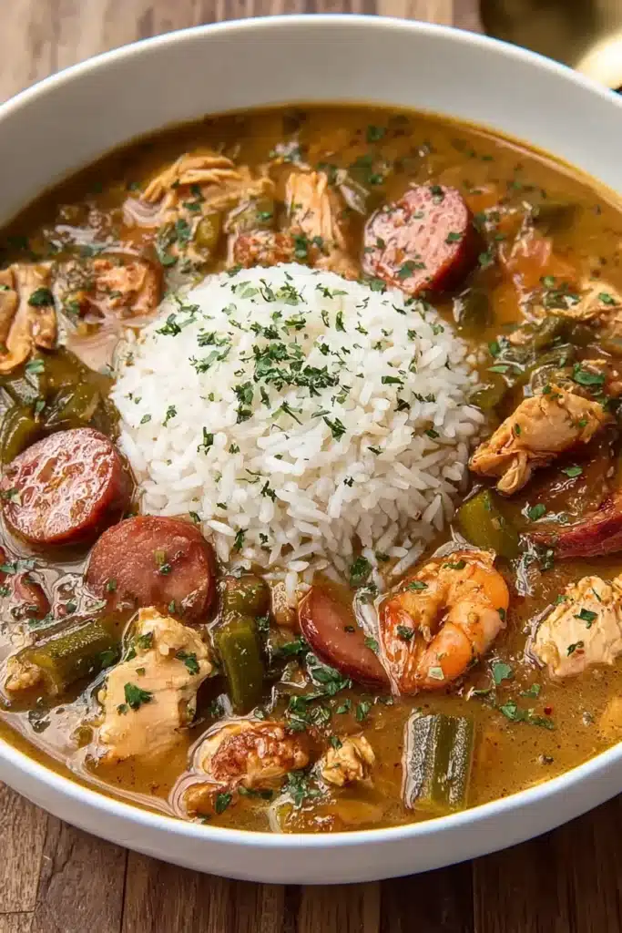 Close up of chicken and sausage gumbo with rice in white bowl
