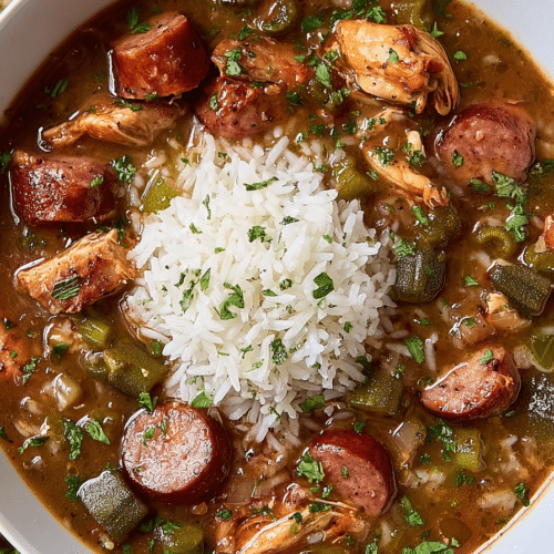Bowl of chicken and sausage gumbo with white rice and smoked sausage
