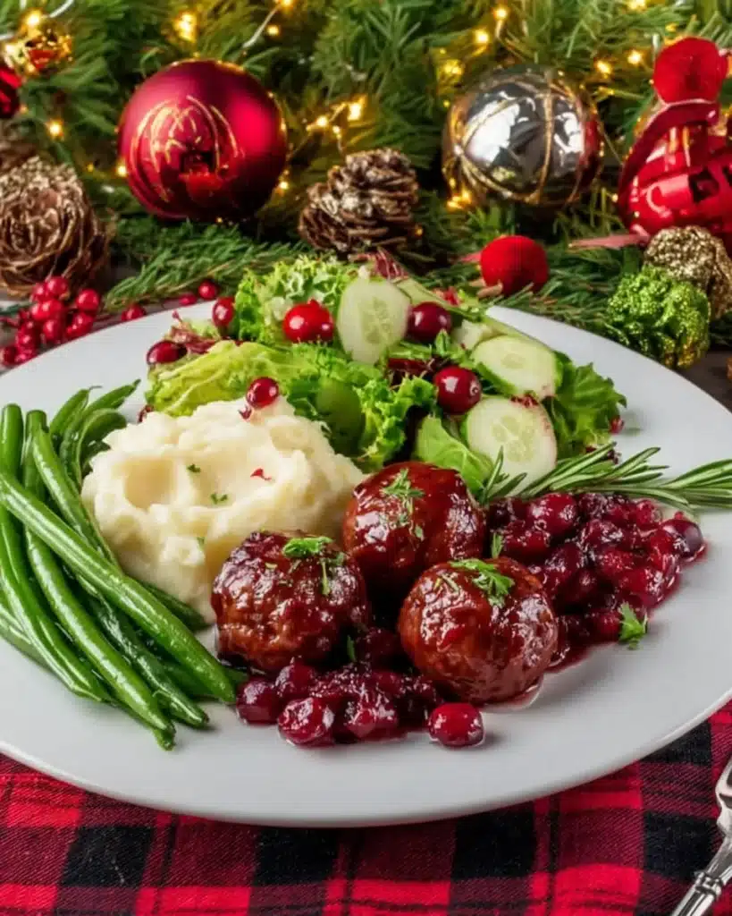 Christmas cranberry meatballs dinner plate with mashed potatoes and green beans