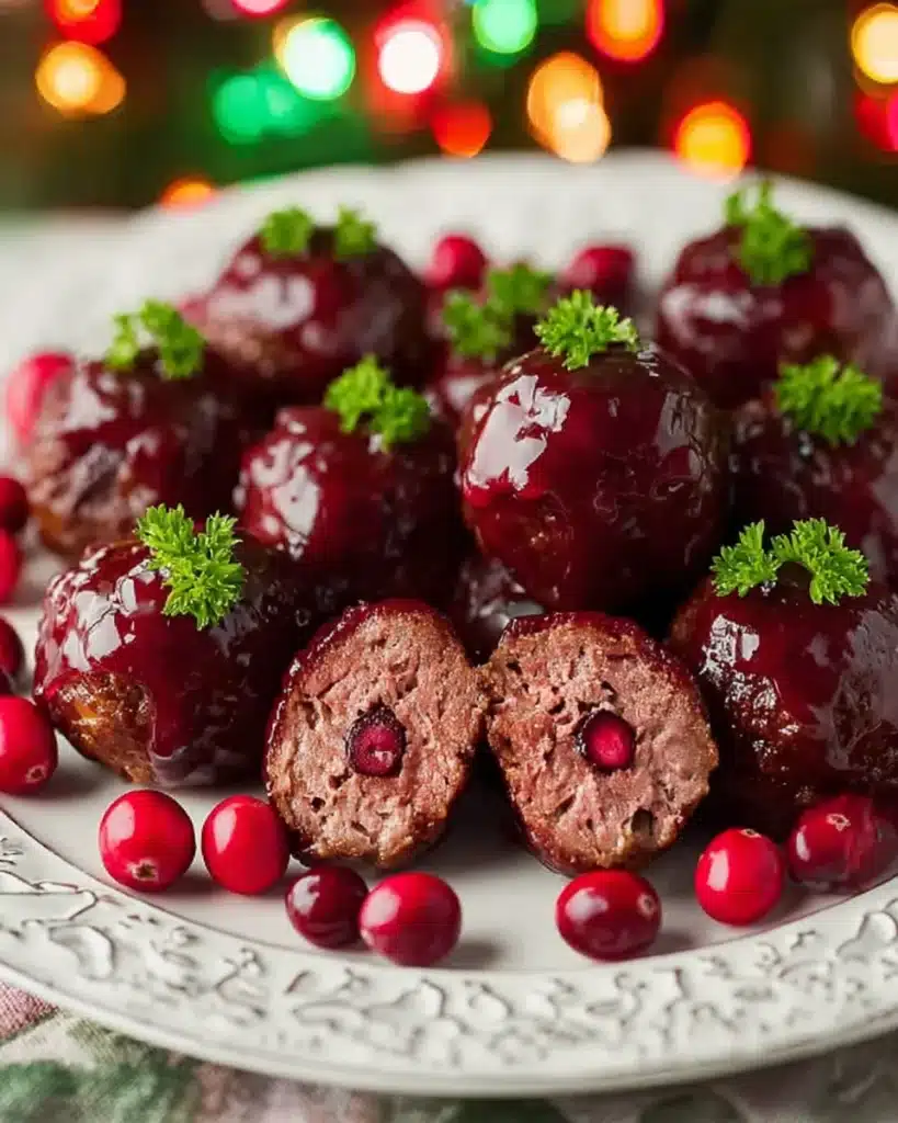 Christmas cranberry meatballs sliced open with cranberry centers on a festive plate