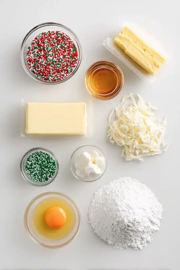 ingredients for Christmas gooey butter cookies with sprinkles and cream cheese