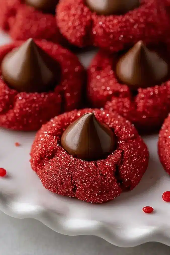 close up of easy Hershey’s red velvet blossoms cookies with chocolate kiss