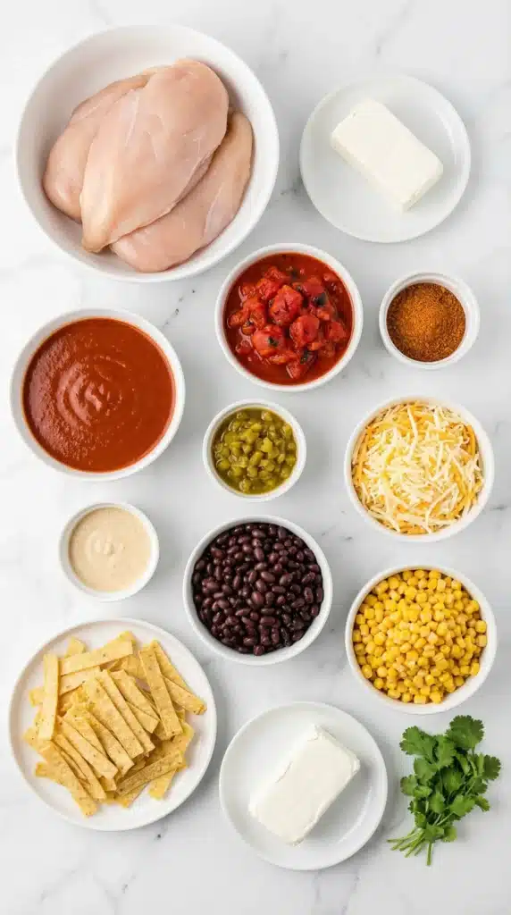 Ingredients of Crockpot Chicken Enchilada Casserole Made Easy