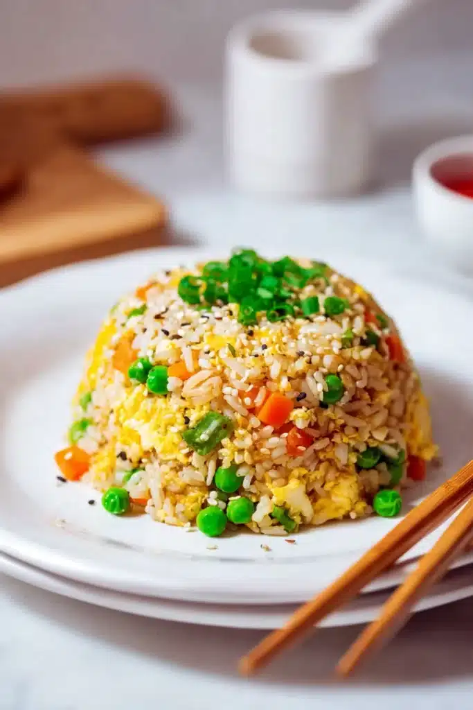 egg fried rice served in a dome shape with peas carrots and egg on a white plate
