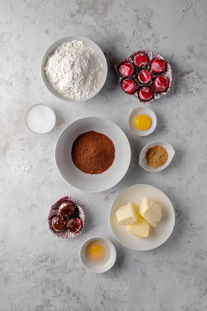 ingredients for easy Hershey’s red velvet blossoms cookies flat lay