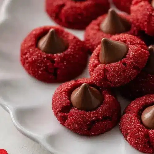 easy Hershey’s red velvet blossoms cookies with chocolate kisses