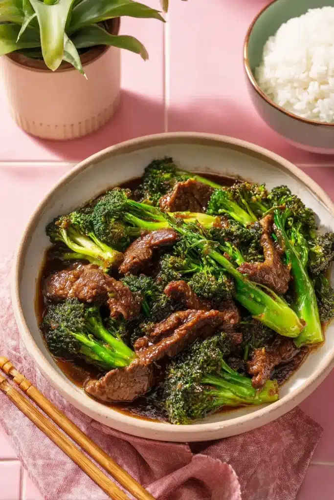 Chinese beef and broccoli in brown sauce with rice on pink background