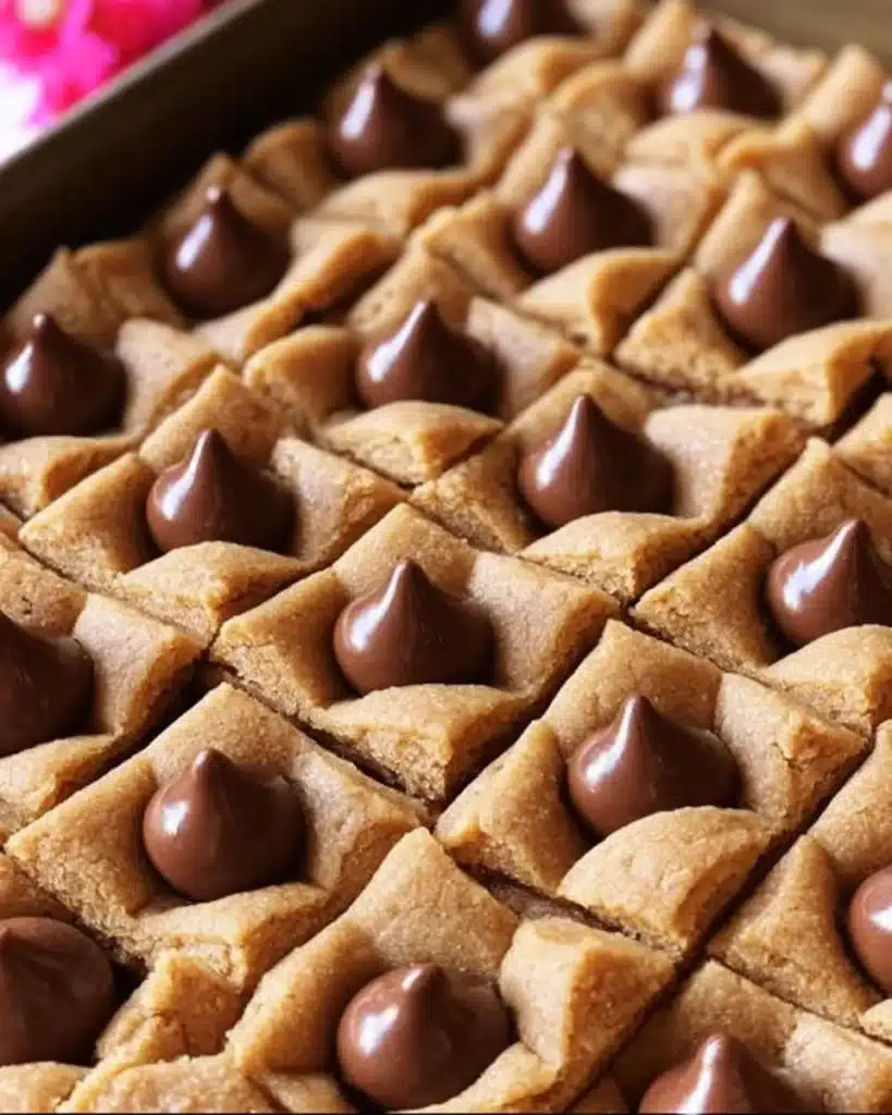 Close-up of peanut butter blossom bars topped with chocolate drops in a baking pan