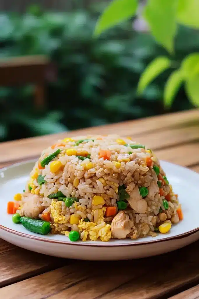 egg fried rice with chicken corn and vegetables served on a white plate