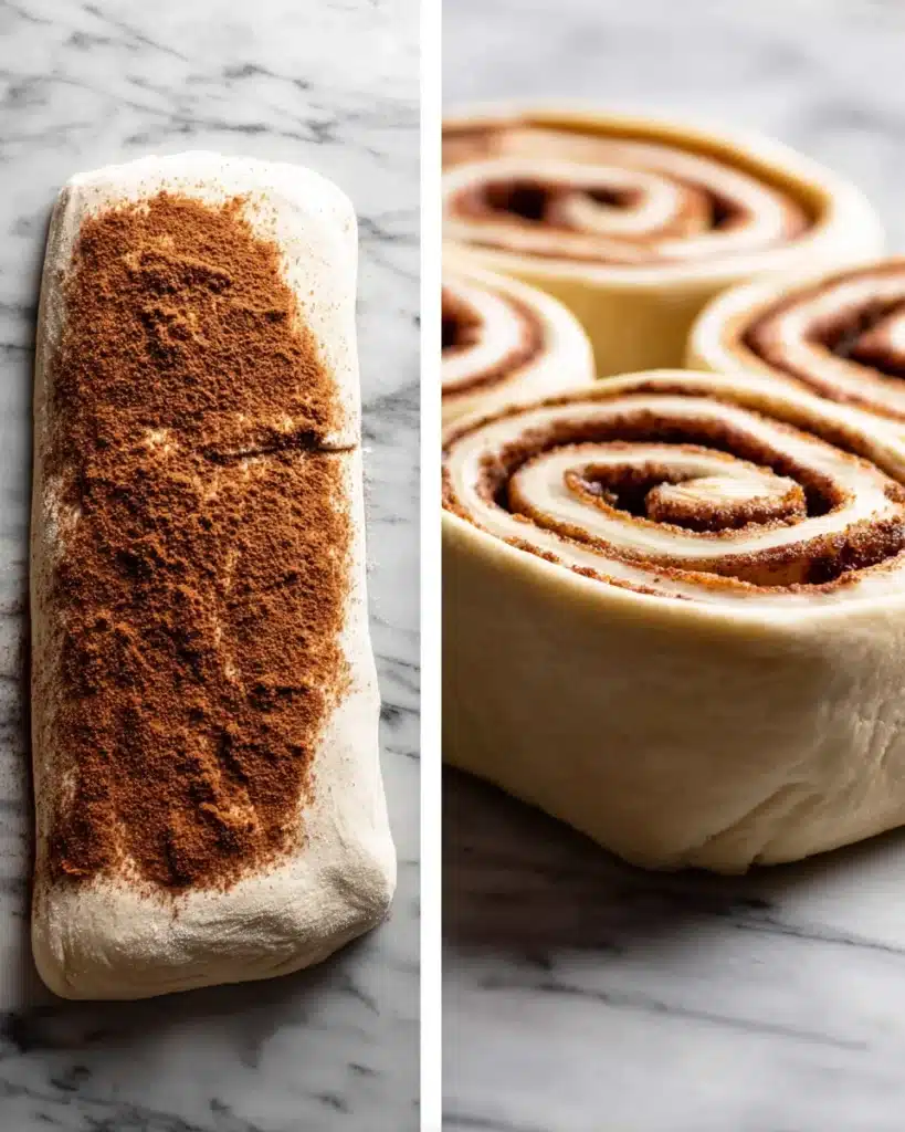 cinnamon sugar dough before and after rolling into homemade cinnamon rolls
