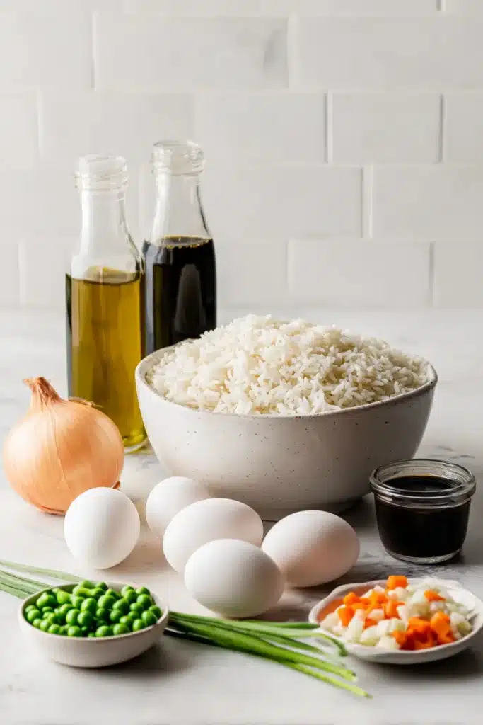ingredients for egg fried rice with rice eggs peas and sauces on marble