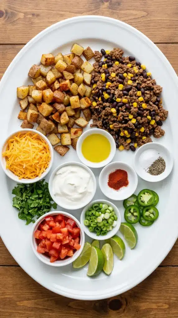 Ingredients of loaded potato taco bowl